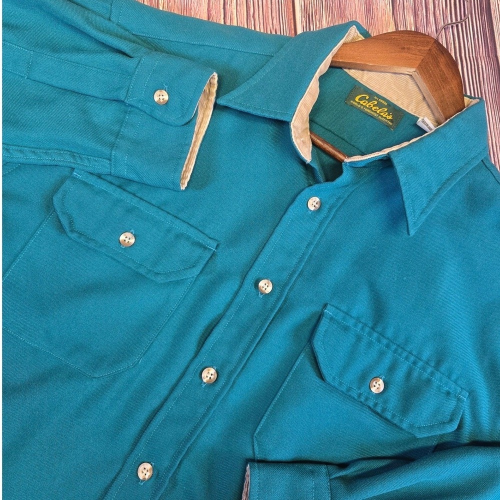 Cabelas Mens XL Teal Heavy Polyester Button Down Shirt Corduroy Trim Made in USA